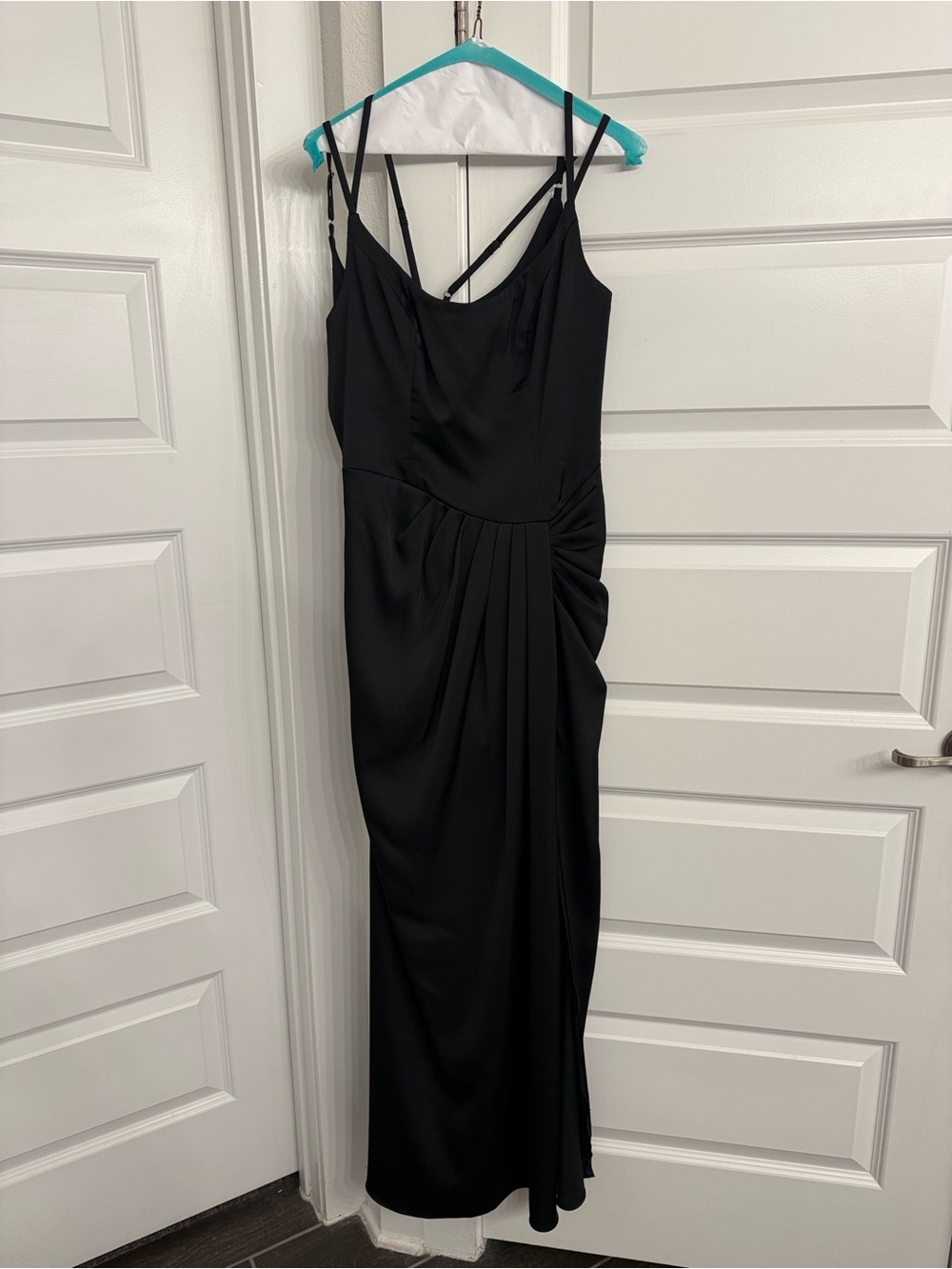 Azazie x Barbie black satin bridesmaid dress
